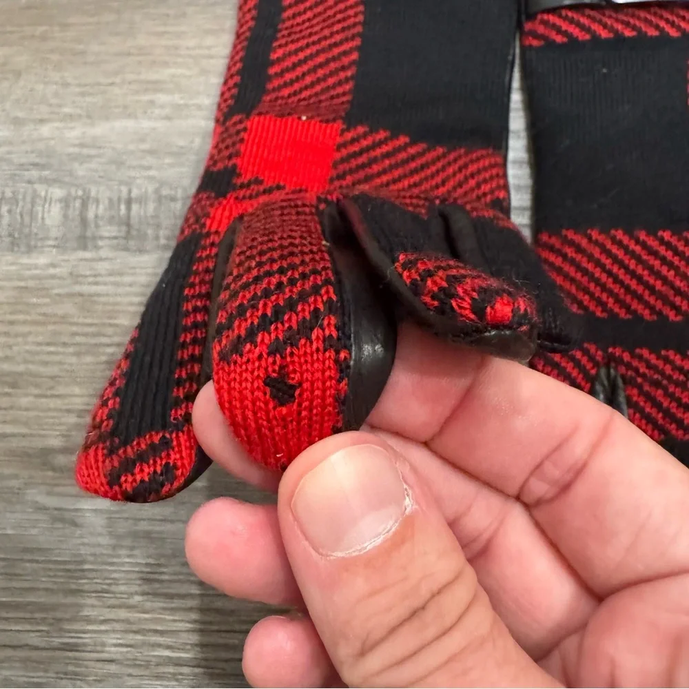 Coach Plaid Red Black Leather Gloves